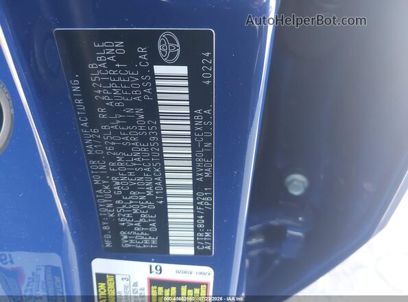 4T1DAACK5TU259352 2026 TOYOTA CAMRY Blue Շարժիչի բաժամունքի տեսք