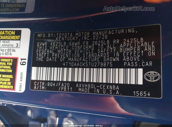 4T1DAACK5TU279875 2026 TOYOTA CAMRY Dark Blue Շարժիչի բաժամունքի տեսք