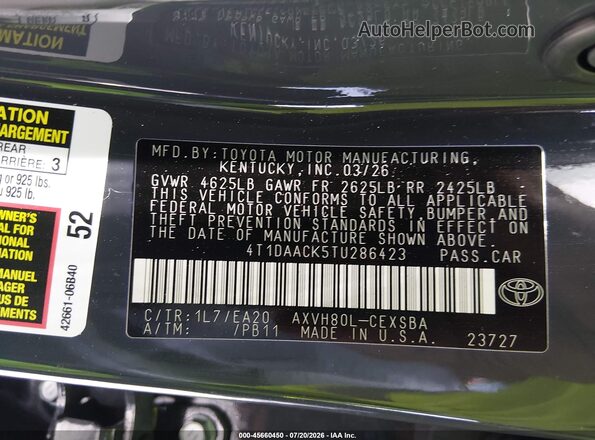 4T1DAACK5TU286423 2026 TOYOTA CAMRY Gray ძრავის განყოფილების ხედი