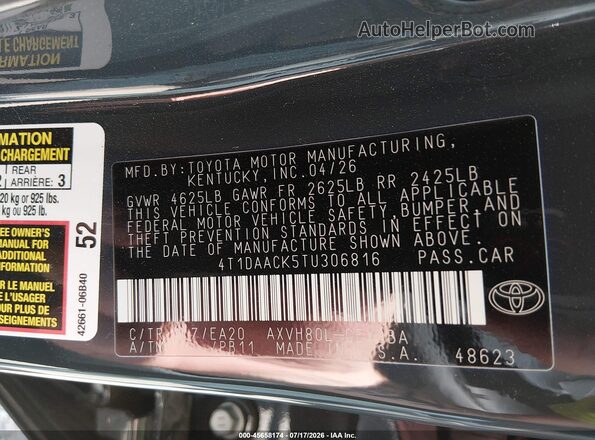 4T1DAACK5TU306816 2026 TOYOTA CAMRY Серый Вид подкапотного пространства