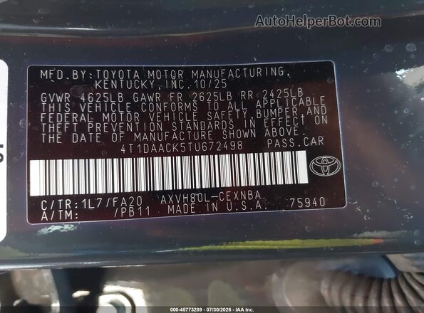 4T1DAACK5TU672498 2026 TOYOTA CAMRY Gray Widok komory silnika