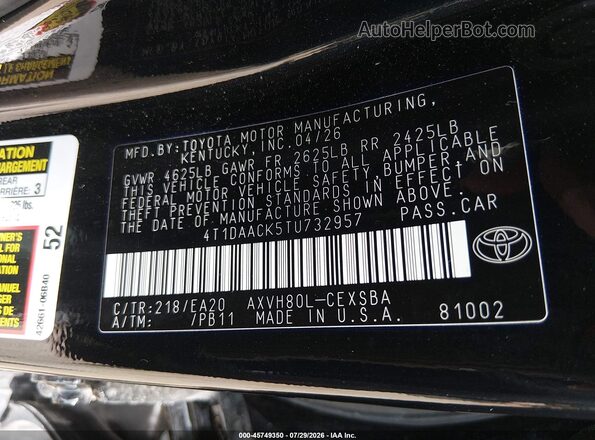 4T1DAACK5TU732957 2026 TOYOTA CAMRY Black Widok komory silnika