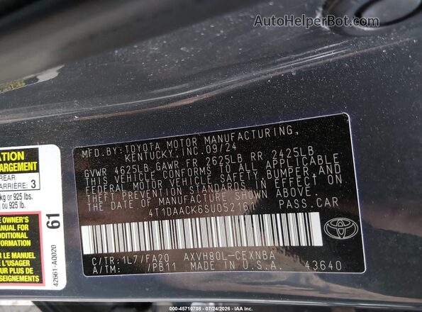 4T1DAACK6SU052161 2025 TOYOTA CAMRY Gray Вид підкапотного простору