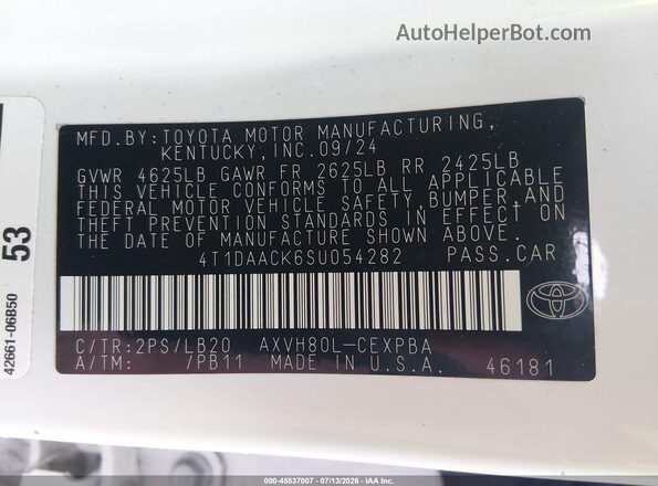 4T1DAACK6SU054282 2025 TOYOTA CAMRY White Շարժիչի բաժամունքի տեսք