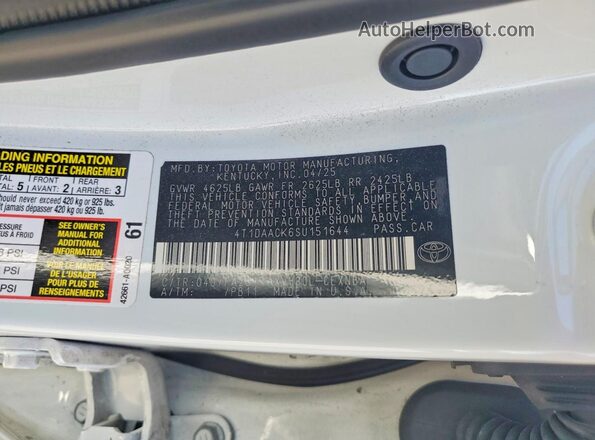4T1DAACK6SU151644 2025 TOYOTA CAMRY White Շարժիչի բաժամունքի տեսք