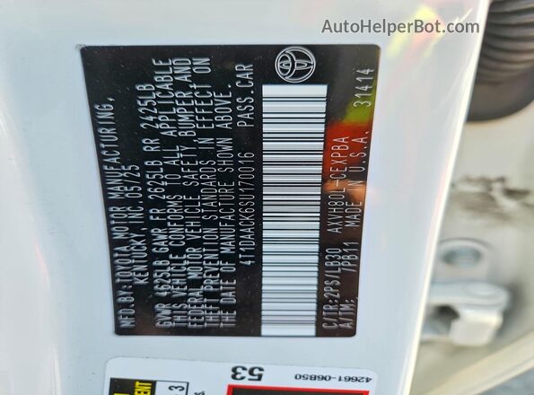 4T1DAACK6SU170016 2025 TOYOTA CAMRY White Vista del compartimento del motor