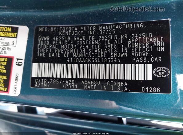 4T1DAACK6SU186345 2025 TOYOTA CAMRY Blue Շարժիչի բաժամունքի տեսք