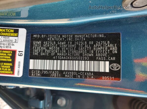 4T1DAACK6SU502293 2025 TOYOTA CAMRY Teal Engine compartment view