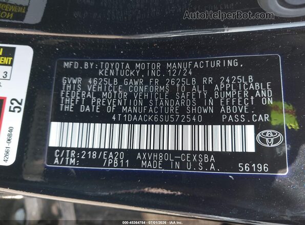 4T1DAACK6SU572540 2025 TOYOTA CAMRY Черный Вид подкапотного пространства