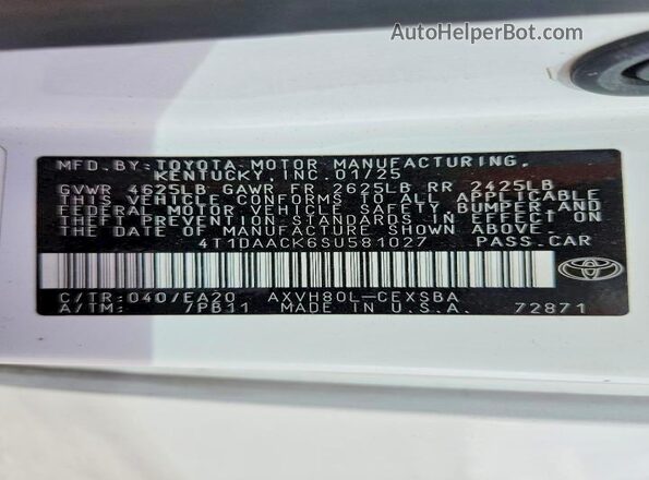 4T1DAACK6SU581027 2025 TOYOTA CAMRY Белый Вид наклейки с VIN-кодом