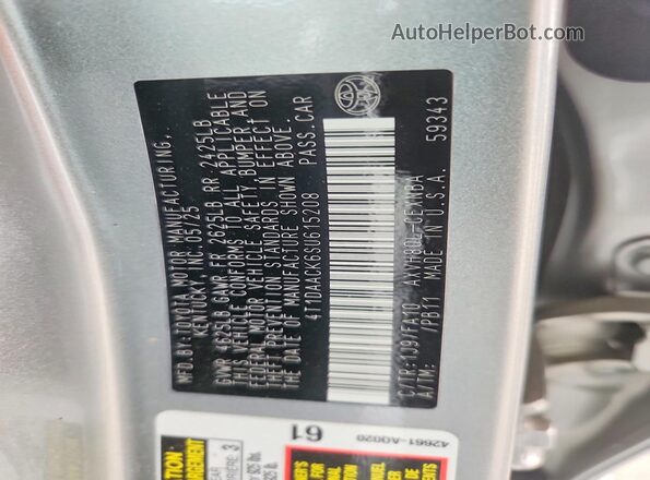 4T1DAACK6SU615208 2025 TOYOTA CAMRY Silver VIN კოდის სტიკერის ხედი