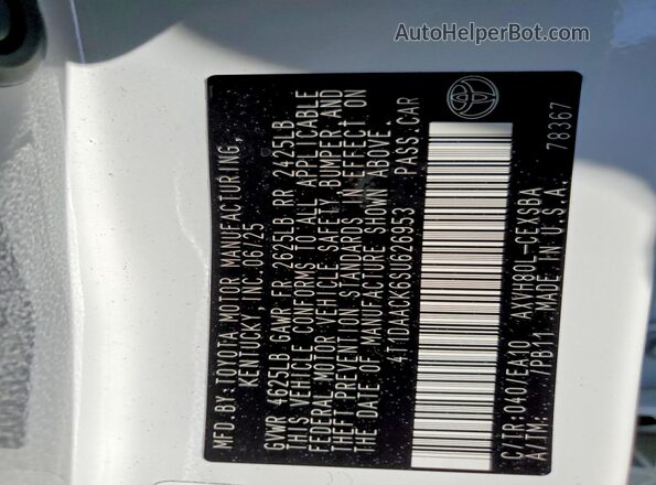 4T1DAACK6SU626953 2025 TOYOTA CAMRY White Vista del compartimento del motor