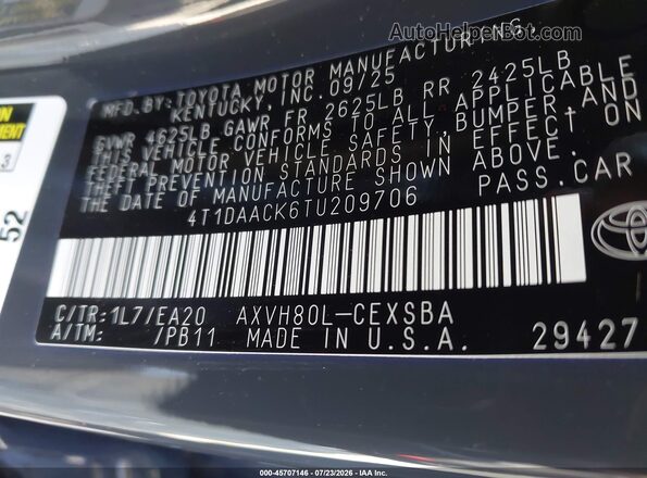 4T1DAACK6TU209706 2026 TOYOTA CAMRY Gray Շարժիչի բաժամունքի տեսք