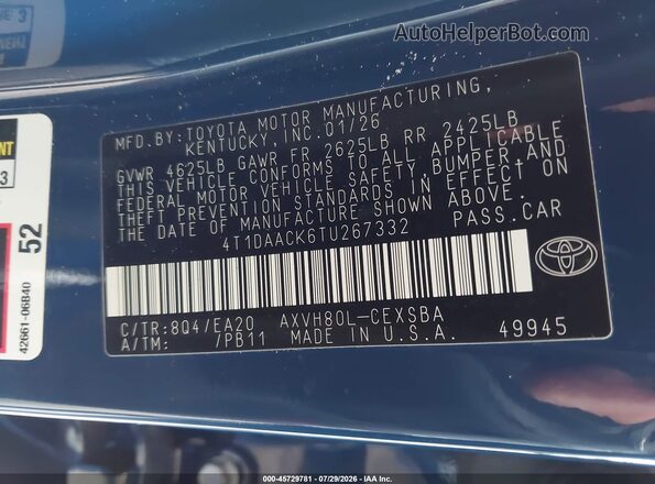 4T1DAACK6TU267332 2026 TOYOTA CAMRY Blue Вид підкапотного простору