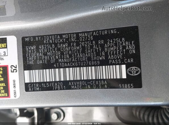 4T1DAACK6TU276869 2026 TOYOTA CAMRY Серебряный Вид подкапотного пространства