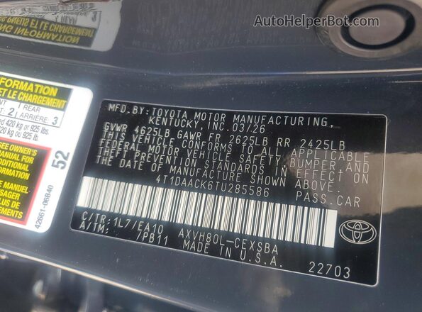 4T1DAACK6TU285586 2026 TOYOTA CAMRY Blue Vista del compartimento del motor