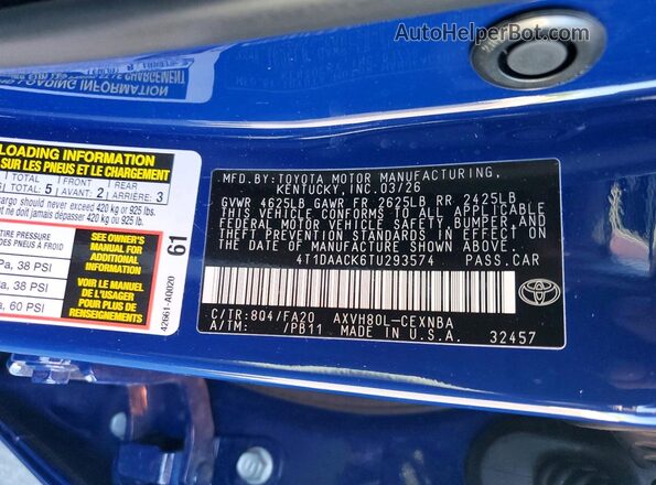 4T1DAACK6TU293574 2026 TOYOTA CAMRY Blue Widok naklejki z numerem VIN