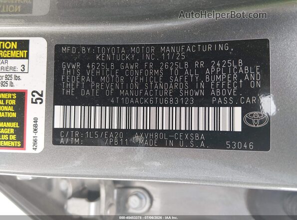 4T1DAACK6TU683123 2026 TOYOTA CAMRY Gray ძრავის განყოფილების ხედი
