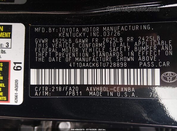 4T1DAACK6TU728898 2026 TOYOTA CAMRY Black Շարժիչի բաժամունքի տեսք