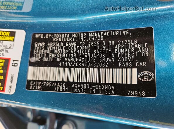 4T1DAACK6TU732062 2026 TOYOTA CAMRY Teal VIN კოდის სტიკერის ხედი