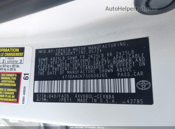 4T1DAACK7SU008265 2025 TOYOTA CAMRY Белый Вид подкапотного пространства