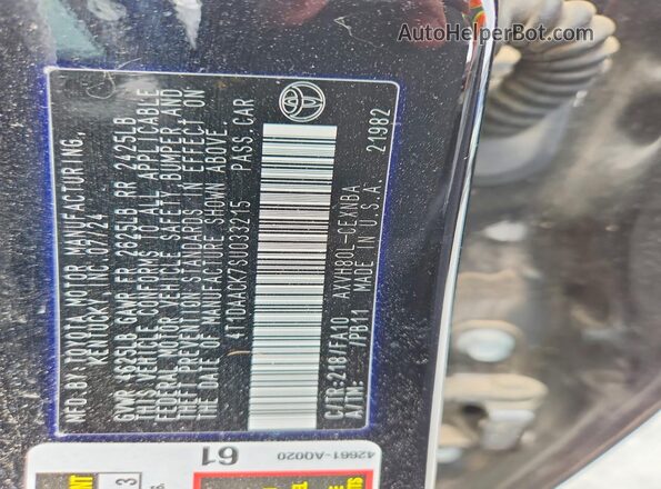 4T1DAACK7SU033215 2025 TOYOTA CAMRY Black Widok naklejki z numerem VIN