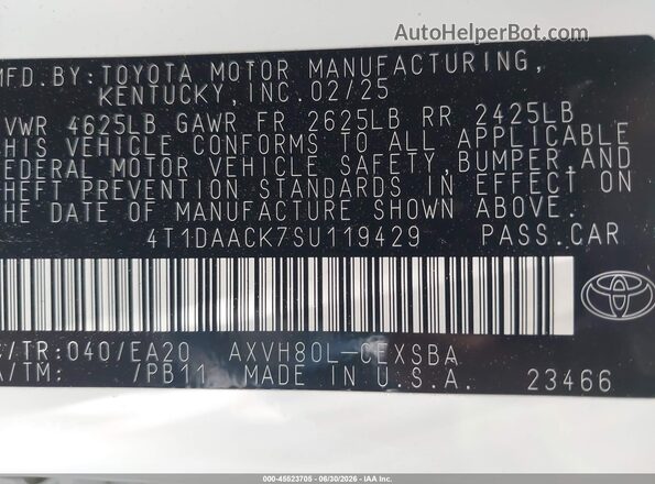 4T1DAACK7SU119429 2025 TOYOTA CAMRY White Շարժիչի բաժամունքի տեսք