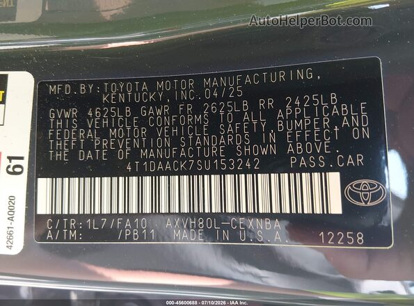 4T1DAACK7SU153242 2025 TOYOTA CAMRY Silver Widok komory silnika
