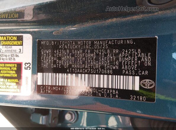 4T1DAACK7SU170686 2025 TOYOTA CAMRY Синий Вид подкапотного пространства