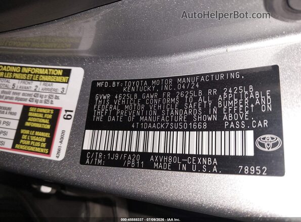 4T1DAACK7SU501668 2025 TOYOTA CAMRY Gray ძრავის განყოფილების ხედი