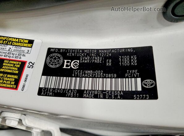 4T1DAACK7SU570859 2025 TOYOTA CAMRY White Вид наклейки з VIN-кодом