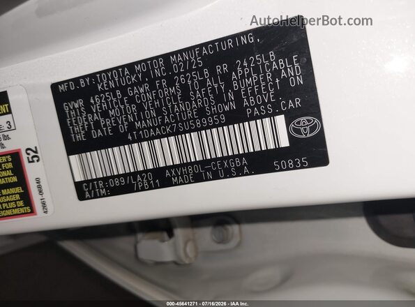 4T1DAACK7SU589959 2025 TOYOTA CAMRY White Vista del compartimento del motor