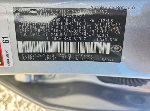 4T1DAACK7SU593171 2025 TOYOTA CAMRY Серебряный Вид наклейки с VIN-кодом