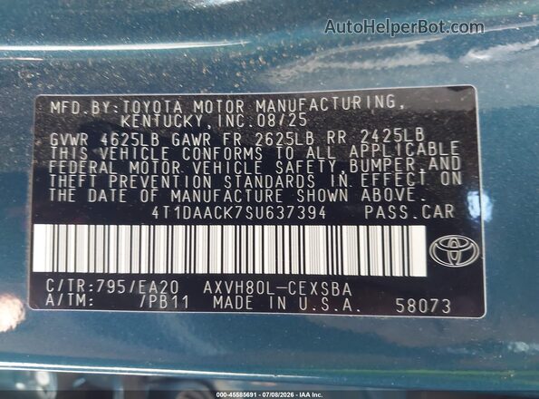 4T1DAACK7SU637394 2025 TOYOTA CAMRY Blue ძრავის განყოფილების ხედი