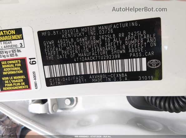 4T1DAACK7TU292398 2026 TOYOTA CAMRY White Widok komory silnika