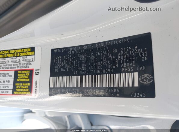 4T1DAACK7TU668999 2026 TOYOTA CAMRY Белый Вид подкапотного пространства