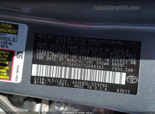 4T1DAACK7TU689383 2026 TOYOTA CAMRY Gray Vista del compartimento del motor