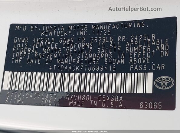 4T1DAACK7TU689416 2026 TOYOTA CAMRY White Vista del compartimento del motor