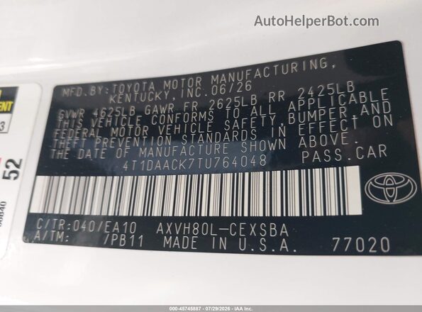 4T1DAACK7TU764048 2026 TOYOTA CAMRY White Вид підкапотного простору