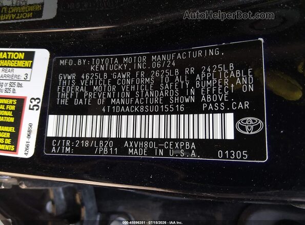 4T1DAACK8SU015516 2025 TOYOTA CAMRY Black ძრავის განყოფილების ხედი
