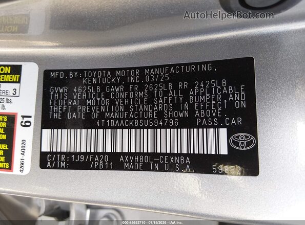 4T1DAACK8SU594796 2025 TOYOTA CAMRY Серебряный Вид подкапотного пространства
