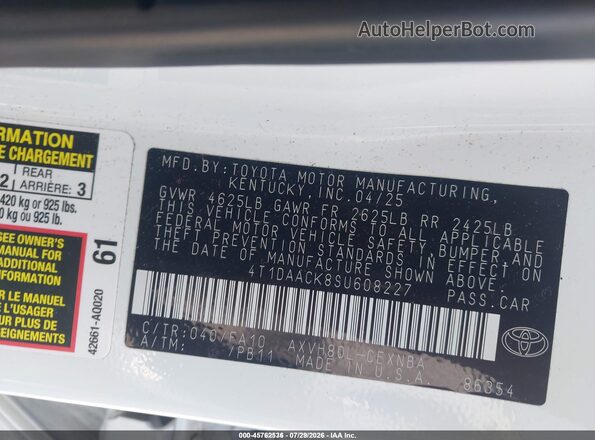 4T1DAACK8SU608227 2025 TOYOTA CAMRY White Շարժիչի բաժամունքի տեսք