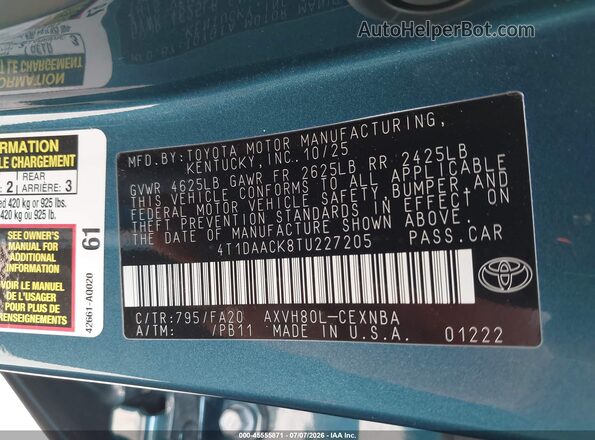 4T1DAACK8TU227205 2026 TOYOTA CAMRY Navy Vista del compartimento del motor