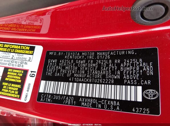 4T1DAACK8TU262228 2026 TOYOTA CAMRY Red Շարժիչի բաժամունքի տեսք