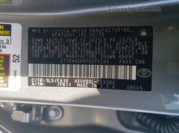 4T1DAACK8TU274234 2026 TOYOTA CAMRY Gray Շարժիչի բաժամունքի տեսք