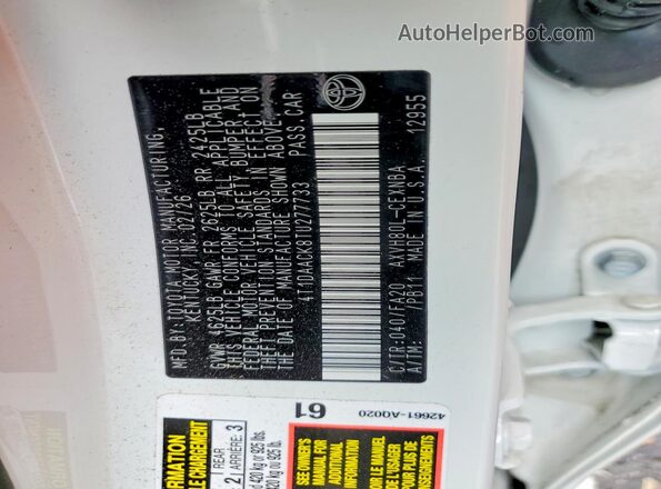 4T1DAACK8TU277733 2026 TOYOTA CAMRY White VIN կոդի պիտակի տեսք