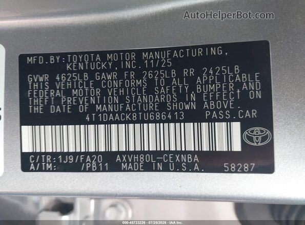 4T1DAACK8TU686413 2026 TOYOTA CAMRY Серебряный Вид подкапотного пространства