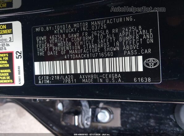 4T1DAACK8TU716560 2026 TOYOTA CAMRY Black ძრავის განყოფილების ხედი
