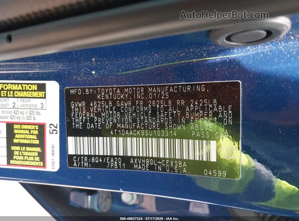 4T1DAACK9SU103314 2025 TOYOTA CAMRY Blue Vista del compartimento del motor