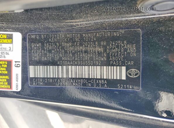 4T1DAACK9SU550192 2025 TOYOTA CAMRY Black VIN կոդի պիտակի տեսք